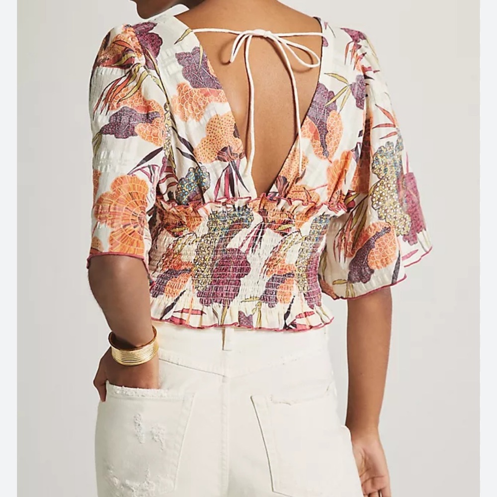 Anthropologie Plunging V-neck Smocked Kimona blouse
